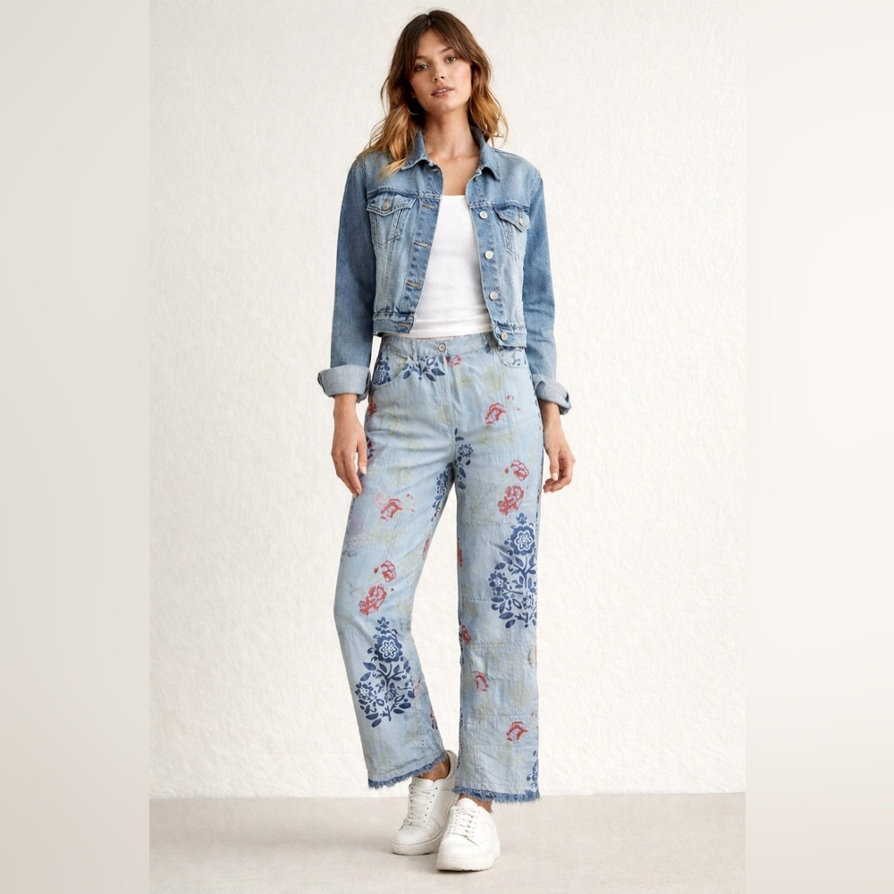 Provence Amour Quilted Floral Fringe Pants Blue Size 6 Boho Y2K